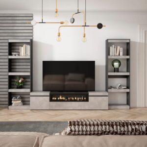 wohnli-moebel-suche-M25068014-1 Wohnwand Holzeffekt Kamin mit Feuereffekt 320x35x186cm Zementgrau 320x186x35cm Spanplatte Grau Skraut home Möbel Wohnzimmermöbel TV-Möbel