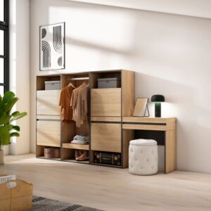 Schuhschrank Holzeffekt 250x35x145cm Eiche 250x145x35cm Spanplatte Beige Skraut home Möbel Flurmöbel Schuhschränke