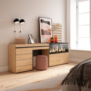 Schminktisch Holzeffekt Kamin mit Feuereffekt XXL 234x35x145cm Eiche 234x145x35cm Spanplatte Beige Skraut home Möbel Schlafzimmermöbel Schminktische