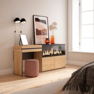 Schminktisch Holzeffekt Kamin mit Feuereffekt XXL 177x35x75cm Eiche 177x75x35cm Spanplatte Beige Skraut home Möbel Schlafzimmermöbel Schminktische