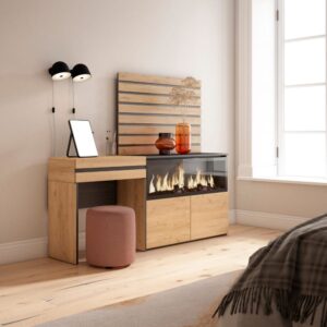 Schminktisch Holzeffekt Kamin mit Feuereffekt XXL 177x35x145cm Eiche 177x145x35cm Spanplatte Beige Skraut home Möbel Schlafzimmermöbel Schminktische
