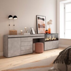 wohnli-moebel-suche-M25068048-1 Schminktisch Holzeffekt Kamin mit Feuereffekt XXL 284x35x75 Zementgrau 284x75x35cm Spanplatte Grau Skraut home Möbel Schlafzimmermöbel Schminktische