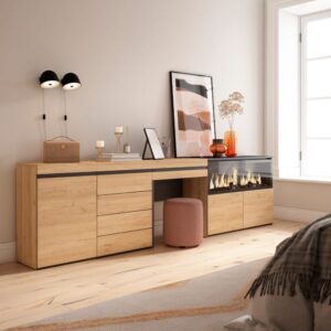 Schminktisch Holzeffekt Kamin mit Feuereffekt XXL 284x35x75cm Eiche 284x75x35cm Spanplatte Beige Skraut home Möbel Schlafzimmermöbel Schminktische