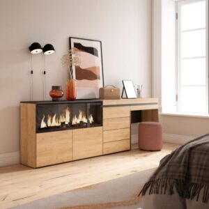 Schminktisch Holzeffekt Kamin mit Feuereffekt XXL 234x35x75cm Eiche 234x75x35cm Spanplatte Beige Skraut home Möbel Schlafzimmermöbel Schminktische