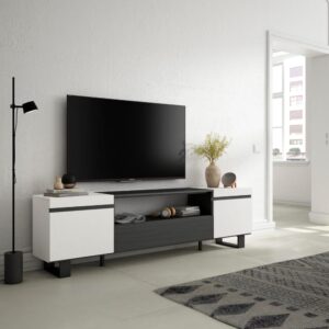 TV-Möbel Holzeffekt mit Beinen 200x35x57cm Weiß und Schwarz 200x57x35cm Spanplatte Weiß Skraut home Möbel Wohnzimmermöbel TV-Möbel