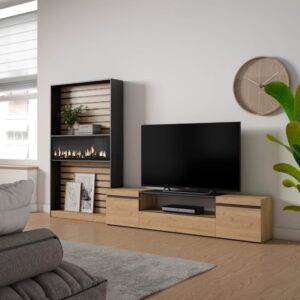 wohnli-moebel-suche-M25068064-1 Wohnwand Holzeffekt Kamin mit Feuereffekt 310x35x186 Eiche und Schwarz 310x186x35cm Spanplatte Beige Skraut home Möbel Wohnzimmermöbel TV-Möbel