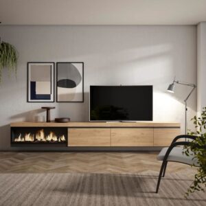 TV-Möbel Holzeffekt Kamin mit Feuereffekt XXL 317x35x45cm Eiche 317x45x35cm Spanplatte Beige Skraut home Möbel Wohnzimmermöbel TV-Möbel