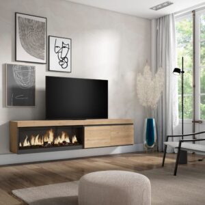 TV-Möbel Holzeffekt Kamin mit Feuereffekt XXL 208x35x45cm Eiche 208x45x35cm Spanplatte Beige Skraut home Möbel Wohnzimmermöbel TV-Möbel