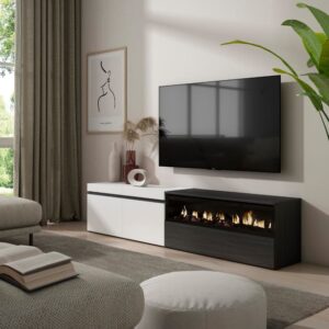 wohnli-moebel-suche-M25068071-1 TV-Möbel Holzeffekt Kamin mit Feuereffekt 200x35x45cm Weiß und Schwarz 200x45x35cm Spanplatte Weiß Skraut home Möbel Wohnzimmermöbel TV-Möbel