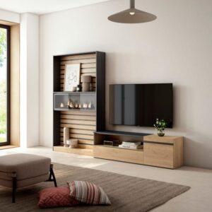 Wohnwand Holzeffekt Kamin mit Feuereffekt 260x35x186 Eiche und Schwarz 260x186x35cm Spanplatte Beige Skraut home Möbel Wohnzimmermöbel TV-Möbel