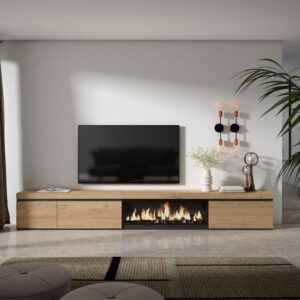 TV-Möbel Holzeffekt Kamin mit Feuereffekt XXL 317x35x45cm Eiche 317x45x35cm Spanplatte Beige Skraut home Möbel Wohnzimmermöbel TV-Möbel