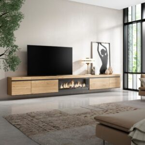 TV-Möbel Holzeffekt Kamin mit Feuereffekt XXL 368x35x45cm Eiche 368x45x35cm Spanplatte Beige Skraut home Möbel Wohnzimmermöbel TV-Möbel