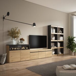 Wohnwand Holzeffekt Kamin mit Feuereffekt 370x35x186 Eiche und Schwarz 370x186x35cm Spanplatte Beige Skraut home Möbel Wohnzimmermöbel TV-Möbel