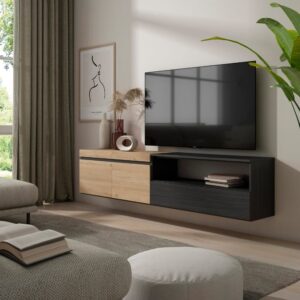 TV-Möbel Holzeffekt Hängend 200x35x45cm Eiche und Schwarz 200x45x35cm Spanplatte Beige Skraut home Möbel Wohnzimmermöbel TV-Möbel