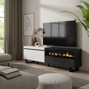 TV-Möbel Holzeffekt Kamin mit Feuereffekt 200x35x57cm Weiß und Schwarz 200x57x35cm Spanplatte Weiß Skraut home Möbel Wohnzimmermöbel TV-Möbel