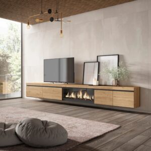 TV-Möbel Holzeffekt Kamin mit Feuereffekt XXL 368x35x45cm Eiche 368x45x35cm Spanplatte Beige Skraut home Möbel Wohnzimmermöbel TV-Möbel