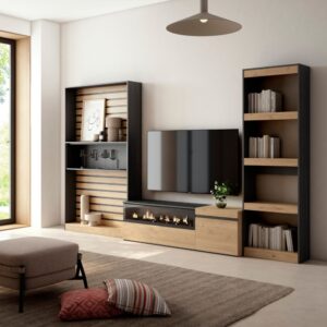 Wohnwand Holzeffekt Kamin mit Feuereffekt 320x35x186 Eiche und Schwarz 320x186x35cm Spanplatte Beige Skraut home Möbel Wohnzimmermöbel TV-Möbel