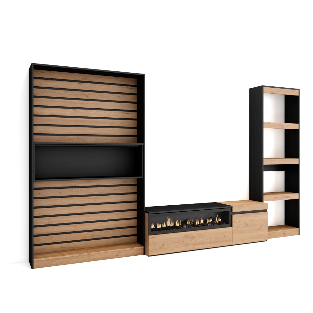 wohnli-moebel-suche-M25068141 Wohnli Möbelsuche - Wohnwand Holzeffekt Kamin mit Feuereffekt 320x35x186 Eiche und Schwarz