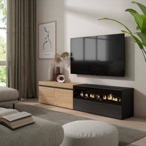 wohnli-moebel-suche-M25068144-1 TV-Möbel Holzeffekt Kamin mit Feuereffekt 200x35x45 Eiche und Schwarz 200x45x35cm Spanplatte Beige Skraut home Möbel Wohnzimmermöbel TV-Möbel