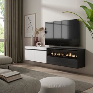 TV-Möbel Holzeffekt Kamin mit Feuereffekt 200x35x45cm Weiß und Schwarz 200x45x35cm Spanplatte Weiß Skraut home Möbel Wohnzimmermöbel TV-Möbel