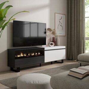TV-Möbel Holzeffekt Kamin mit Feuereffekt 200x35x57cm Weiß und Schwarz 200x57x35cm Spanplatte Weiß Skraut home Möbel Wohnzimmermöbel TV-Möbel