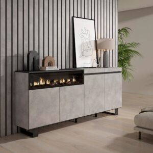 Sideboard Holzeffekt Kamin mit Feuereffekt 200x35x87cm Zementgrau 200x87x35cm Spanplatte Grau Skraut home Möbel Esszimmermöbel Sideboards, Highboards & niedrige Anrichten