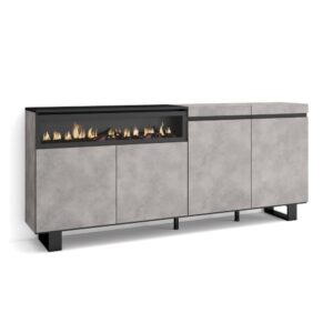 Wohnli Möbelsuche - Sideboard Holzeffekt Kamin mit Feuereffekt 200x35x87cm Zementgrau