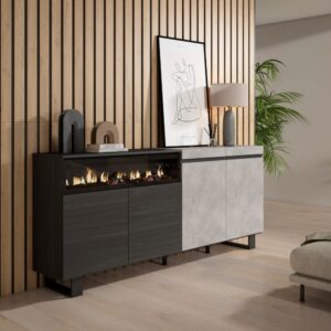 wohnli-moebel-suche-M25068176-1 Sideboard Holzeffekt Kamin mit Feuereffekt 200x35x87cm Zementgrau 200x87x35cm Spanplatte Grau Skraut home Möbel Esszimmermöbel Sideboards, Highboards & niedrige Anrichten