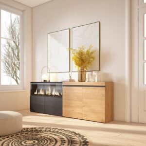 Sideboard Holzeffekt Kamin mit Feuereffekt 208x35x75 Eiche und Schwarz 208x75x35cm Spanplatte Beige Skraut home Möbel Esszimmermöbel Sideboards, Highboards & niedrige Anrichten