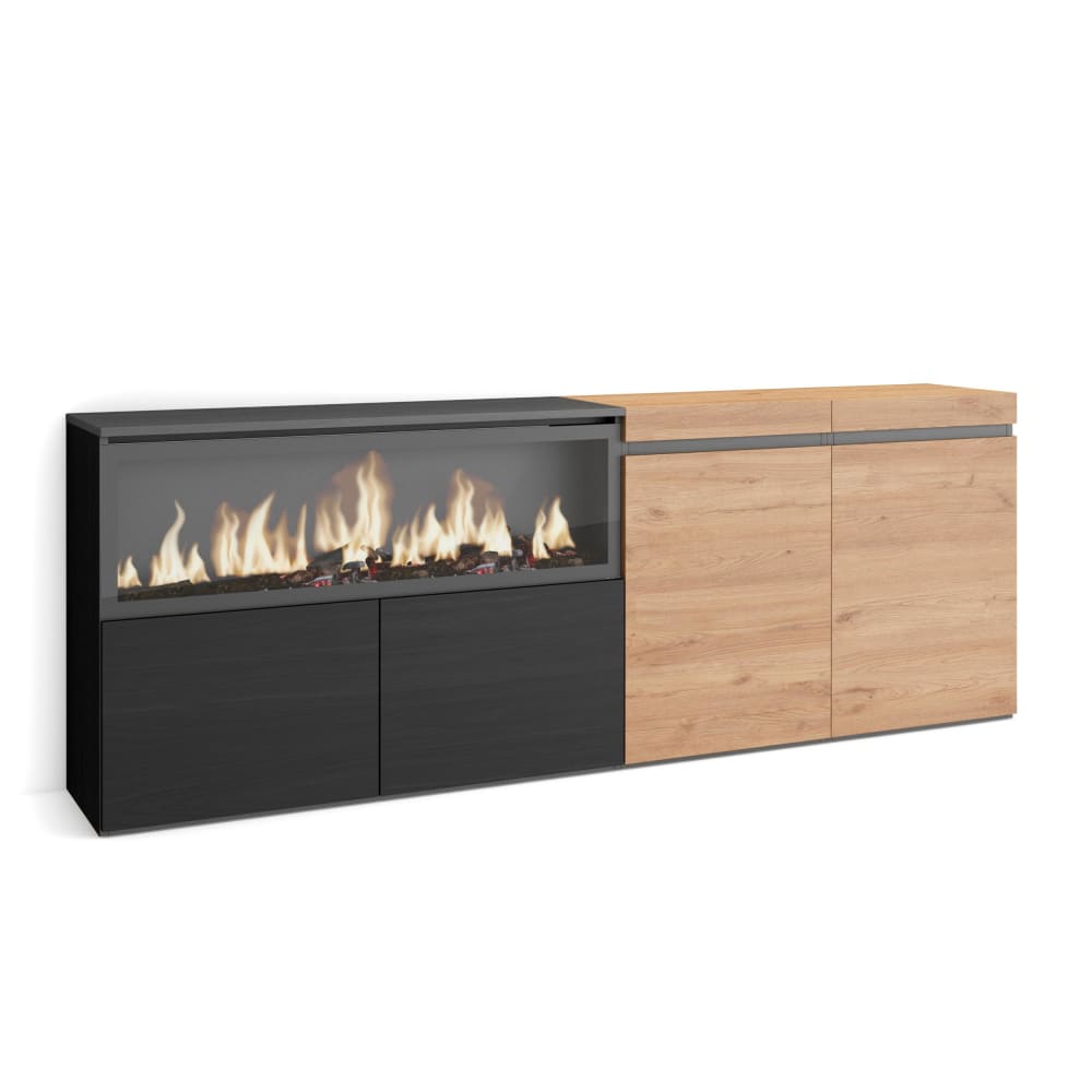 wohnli-moebel-suche-M25068183 Wohnli Möbelsuche - Sideboard Holzeffekt Kamin mit Feuereffekt 208x35x75 Eiche und Schwarz