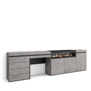 Wohnli Möbelsuche - Sideboard Holzeffekt Kamin mit Feuereffekt 277x35x75cm Zementgrau