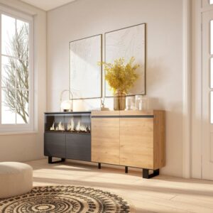 wohnli-moebel-suche-M25068186-1 Sideboard Holzeffekt Kamin mit Feuereffekt 208x35x87 Eiche und Schwarz 208x87x35cm Spanplatte Beige Skraut home Möbel Esszimmermöbel Sideboards, Highboards & niedrige Anrichten