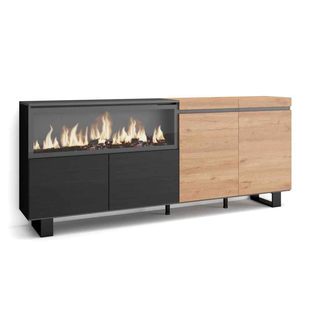 wohnli-moebel-suche-M25068186 Wohnli Möbelsuche - Sideboard Holzeffekt Kamin mit Feuereffekt 208x35x87 Eiche und Schwarz