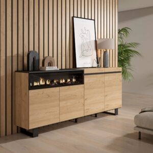 wohnli-moebel-suche-M25068189-1 Sideboard Holzeffekt Kamin mit Feuereffekt 200x35x87 Eiche und Schwarz 200x87x35cm Spanplatte Beige Skraut home Möbel Esszimmermöbel Sideboards, Highboards & niedrige Anrichten