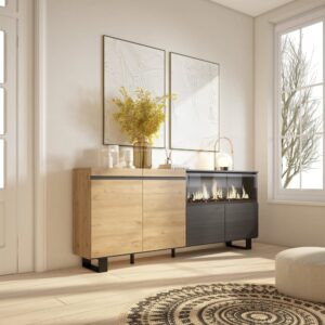 wohnli-moebel-suche-M25068193-1 Sideboard Holzeffekt Kamin mit Feuereffekt 208x35x87 Eiche und Schwarz 208x87x35cm Spanplatte Beige Skraut home Möbel Esszimmermöbel Sideboards, Highboards & niedrige Anrichten