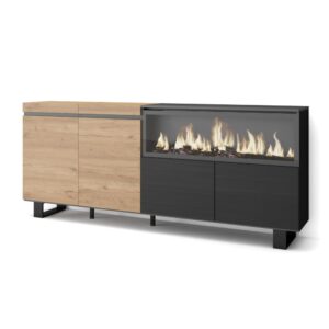 Wohnli Möbelsuche - Sideboard Holzeffekt Kamin mit Feuereffekt 208x35x87 Eiche und Schwarz