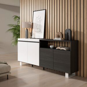 wohnli-moebel-suche-M25068203-1 Sideboard Holzeffekt mit Beinen 200x35x87cm Weiß und Schwarz 200x87x35cm Spanplatte Weiß Skraut home Möbel Esszimmermöbel Sideboards, Highboards & niedrige Anrichten