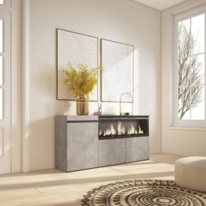 Sideboard Holzeffekt Kamin mit Feuereffekt XXL 158x35x75cm Zementgrau 158x75x35cm Spanplatte Grau Skraut home Möbel Esszimmermöbel Sideboards, Highboards & niedrige Anrichten