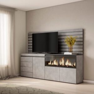 Sideboard Holzeffekt Kamin mit Feuereffekt XXL 214x35x145cm Zementgrau 214x145x35cm Spanplatte Grau Skraut home Möbel Esszimmermöbel Sideboards, Highboards & niedrige Anrichten