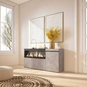Sideboard Holzeffekt Kamin mit Feuereffekt XXL 158x35x75cm Zementgrau 158x75x35cm Spanplatte Grau Skraut home Möbel Esszimmermöbel Sideboards, Highboards & niedrige Anrichten
