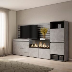 Sideboard Holzeffekt Kamin mit Feuereffekt XXL 274x35x145cm Zementgrau 274x145x35cm Spanplatte Grau Skraut home Möbel Esszimmermöbel Sideboards, Highboards & niedrige Anrichten