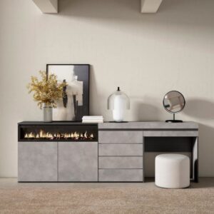 wohnli-moebel-suche-M25068220-1 Sideboard Holzeffekt Kamin mit Feuereffekt 227x35x75cm Zementgrau 227x75x35cm Spanplatte Grau Skraut home Möbel Esszimmermöbel Sideboards, Highboards & niedrige Anrichten