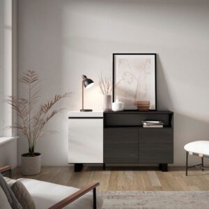 Sideboard Holzeffekt mit Beinen 150x35x87cm Weiß und Schwarz 150x87x35cm Spanplatte Weiß Skraut home Möbel Esszimmermöbel Sideboards, Highboards & niedrige Anrichten