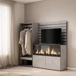 Sideboard Holzeffekt Kamin mit Feuereffekt XXL 167x35x145cm Zementgrau 167x145x35cm Spanplatte Grau Skraut home Möbel Esszimmermöbel Sideboards, Highboards & niedrige Anrichten