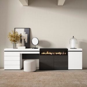 Sideboard Holzeffekt Kamin mit Feuereffekt 277x35x75cm Weiß 277x75x35cm Spanplatte Weiß Skraut home Möbel Esszimmermöbel Sideboards, Highboards & niedrige Anrichten