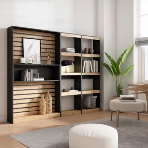 wohnli-moebel-suche-M25068233-1 Bücherregal Holzeffekt 230x25x186cm Eiche und Schwarz 230x186x25cm Spanplatte Beige Skraut home Möbel Wohnzimmermöbel Bücherregale