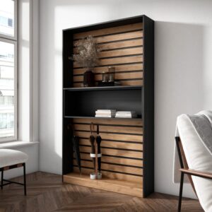 wohnli-moebel-suche-M25068234-1 Bücherregal Holzeffekt 110x25x186cm Eiche und Schwarz 110x186x25cm Spanplatte Beige Skraut home Möbel Wohnzimmermöbel Bücherregale