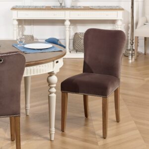 wohnli-moebel-suche-M25069195-1 Set aus 2 Stühlen aus Eiche und Samt mit Nieten Taupe 47x92x59cm Holz Braun Robin des Bois Möbel Esszimmermöbel Stühle