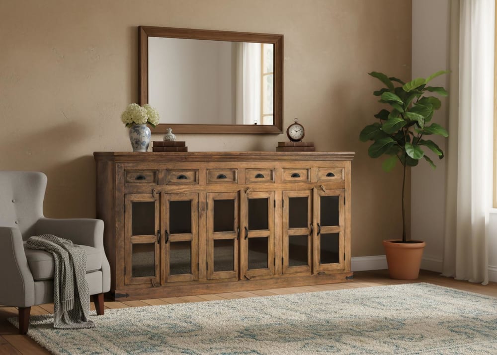 Hohes Sideboard aus Mangoholz mit handgeschnitzten Türen 225x120x45cm Holz Braun GINER Y COLOMER Möbel Esszimmermöbel Sideboards, Highboards & niedrige Anrichten