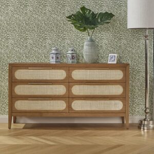 Kommode mit 6 Schubladen aus Eiche und Flechtwerk Holz 155x84x46cm Holz Braun Robin des Bois Möbel Schlafzimmermöbel Kommoden